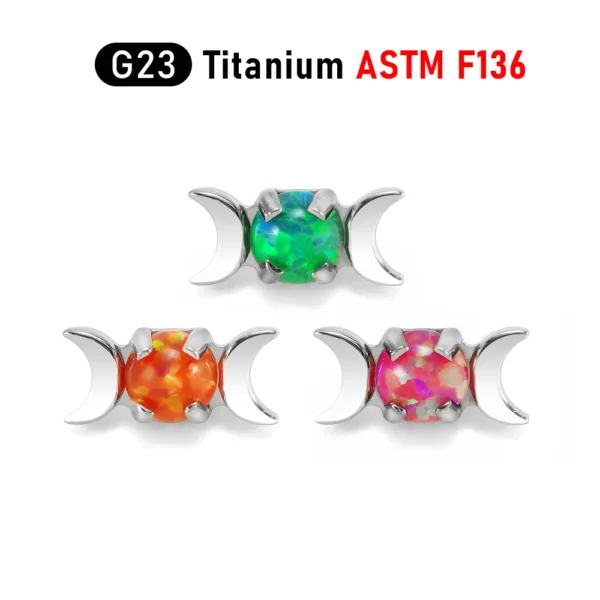 F136 Titanium Alloy Internal Thread Double Moon Opal Stud Earrings Piercing Jewelry